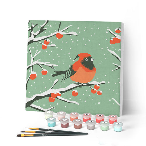 Mini Peinture par Numéros 20x20cm avec cadre Oiseau Rouge d'Hiver