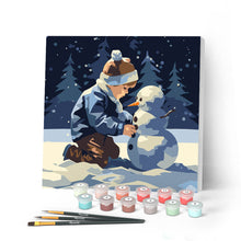 Charger l'image dans la galerie, Mini Peinture par Numéros 20x20cm avec cadre Garçon et Bonhomme de Neige