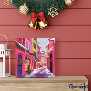 Mini Peinture par Numéros 20x20cm avec cadre Allée de Noël colorée