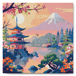 Mini Peinture par Numéros 20x20cm avec cadre Pagode et Mont Fuji