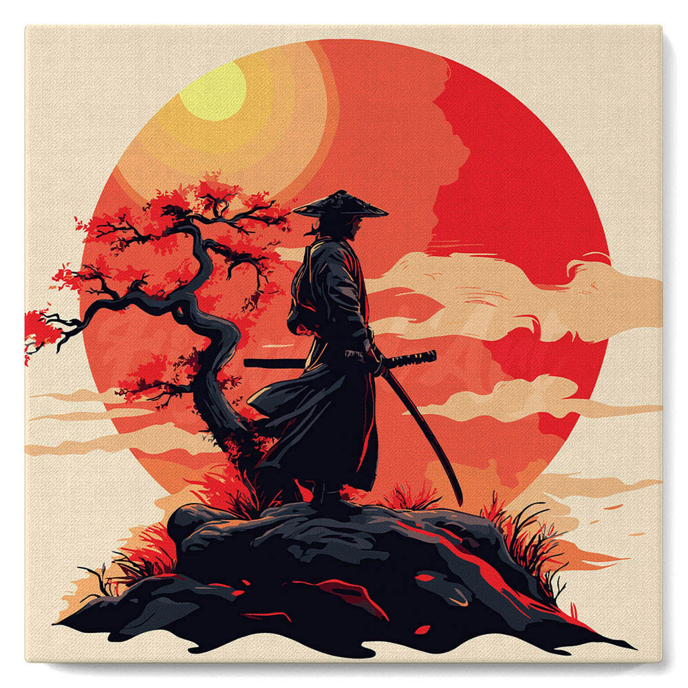 Mini Peinture par Numéros 20x20cm avec cadre Samourai au coucher du soleil
