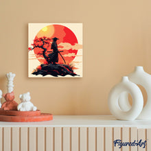 Charger l&#39;image dans la galerie, Mini Peinture par Numéros 20x20cm avec cadre Samourai au coucher du soleil