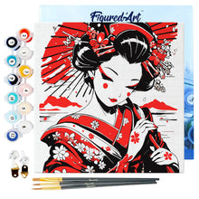 Charger l&#39;image dans la galerie, Mini Peinture par Numéros 20x20cm avec cadre Geisha Rouge et Noire