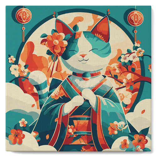 Mini Peinture par Numéros 20x20cm avec cadre Chat Princesse Japonaise