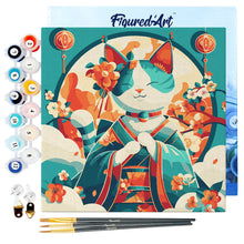 Charger l&#39;image dans la galerie, Mini Peinture par Numéros 20x20cm avec cadre Chat Princesse Japonaise