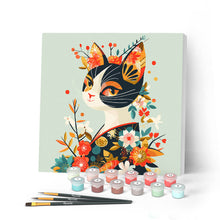Charger l'image dans la galerie, Mini Peinture par Numéros 20x20cm avec cadre Chat Floral en Kimono