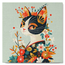 Charger l&#39;image dans la galerie, Mini Peinture par Numéros 20x20cm avec cadre Chat Floral en Kimono