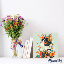 Charger l&#39;image dans la galerie, Mini Peinture par Numéros 20x20cm avec cadre Chat Floral en Kimono
