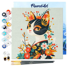 Charger l&#39;image dans la galerie, Mini Peinture par Numéros 20x20cm avec cadre Chat Floral en Kimono