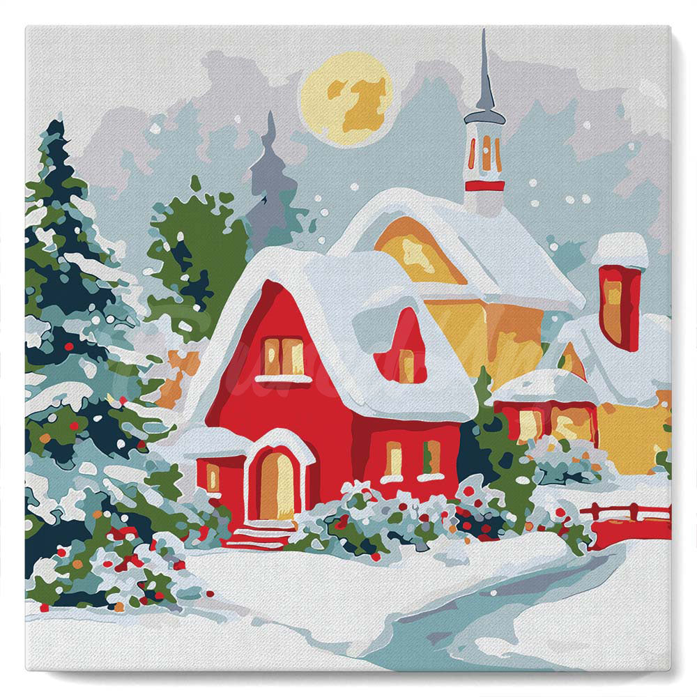 Mini Peinture par Numéros 20x20cm avec cadre Maison Rouge en Hiver
