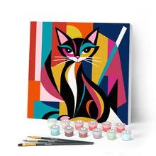 Charger l'image dans la galerie, Peinture par numéros Figured'Art Mini Peinture par Numéros 20x20cm avec cadre Chat Abstrait Éclatant