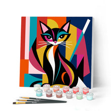 Charger l'image dans la galerie, Peinture par numéros Figured'Art Mini Peinture par Numéros 20x20cm avec cadre Chat Abstrait Éclatant