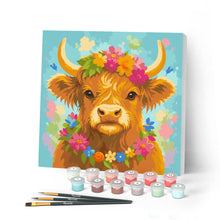 Charger l'image dans la galerie, Peinture par numéros Figured'Art Mini Peinture par Numéros 20x20cm avec cadre Vache Highland reine du jardin
