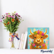 Charger l'image dans la galerie, Mini Peinture par Numéros 20x20cm avec cadre Vache Highland reine du jardin