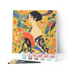 Charger l'image dans la galerie, Peinture par numéros Figured'Art Mini Peinture par Numéros 20x20cm avec cadre La Femme à l’éventail - Klimt