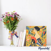 Charger l'image dans la galerie, Mini Peinture par Numéros 20x20cm avec cadre La Femme à l’éventail - Klimt