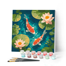 Charger l'image dans la galerie, Peinture par numéros Figured'Art Mini Peinture par Numéros 20x20cm avec cadre Bassin aux Carpes Koï
