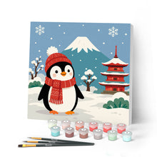 Charger l'image dans la galerie, Peinture par numéros Figured'Art Mini Peinture par Numéros 20x20cm avec cadre Pingouin près du mont Fuji