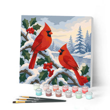 Charger l'image dans la galerie, Peinture par numéros Figured'Art Mini Peinture par Numéros 20x20cm avec cadre Cardinaux d'hiver