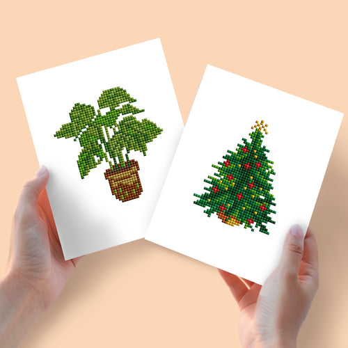 Mini Diamond Painting 15x20cm (2 pièces) - Sapin de Noël et Plante en pot