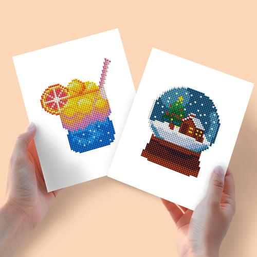 Mini Diamond Painting 15x20cm (2 pièces) - Smoothie d'Été et Boule à Neige d'Hiver