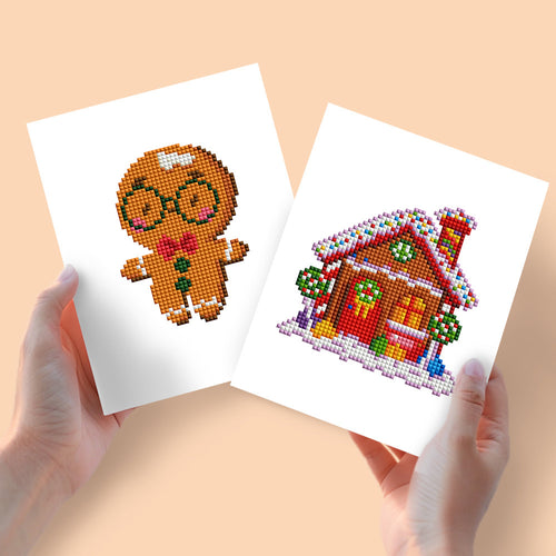 Mini Diamond Painting 15x20cm (2 pièces) - Bonhomme en Pain d'Épices et Maison de Noël