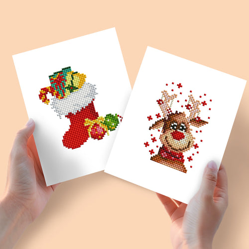 Mini Diamond Painting 15x20cm (2 pièces) - Chaussette de Noël et Renne