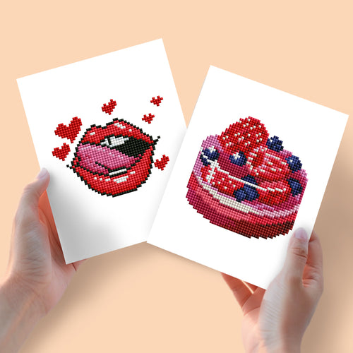Mini Diamond Painting 15x20cm (2 pièces) - Lèvres Rouges et Gâteau aux Baies