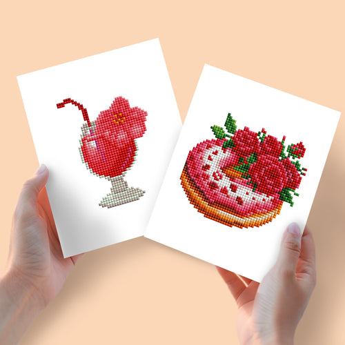 Mini Diamond Painting 15x20cm (2 pièces) - Milkshake et Gâteau