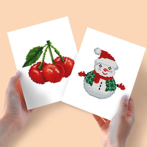 Mini Diamond Painting 15x20cm (2 pièces) - Cerises et Bonhomme de neige