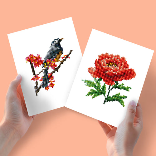 Mini Diamond Painting 15x20cm (2 pièces) - Oiseau et Rose