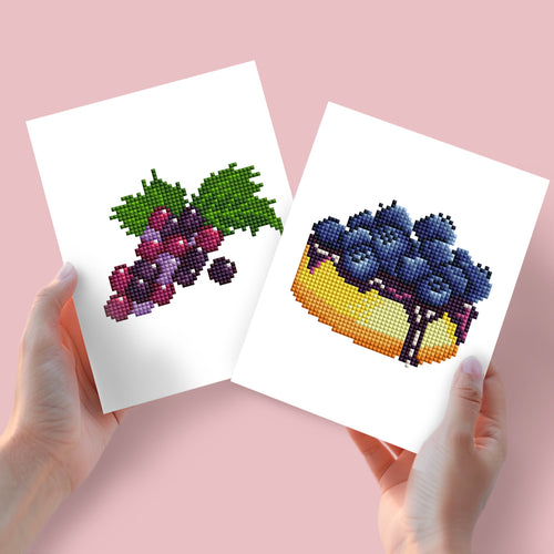 Mini Diamond Painting 15x20cm (2 pièces) - Raisins et Tarte aux Myrtilles