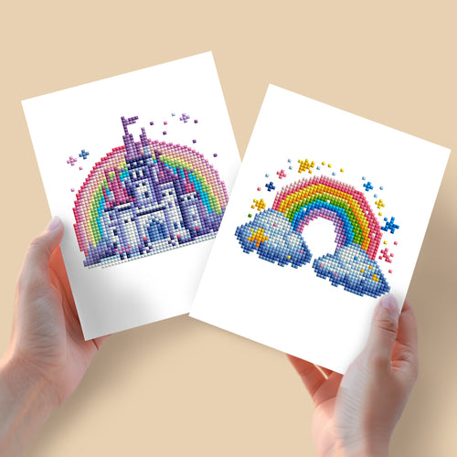 Mini Diamond Painting 15x20cm (2 pièces) - Château et Arc-en-ciel