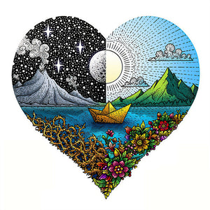 Puzzle 2D en Bois - Cœur de Nuit et Jour