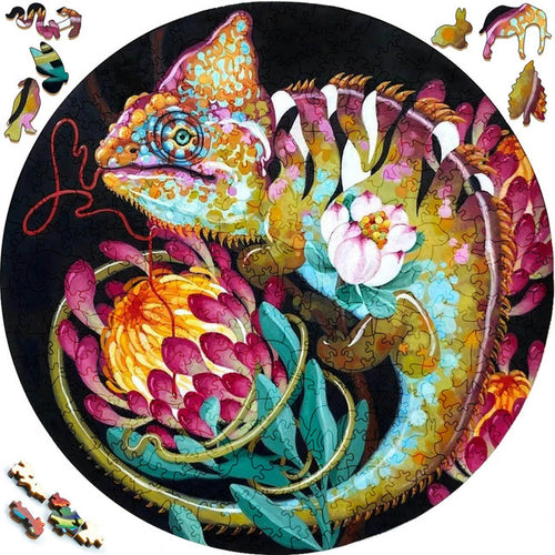 Puzzle 2D en Bois - Caméléon et Fleurs