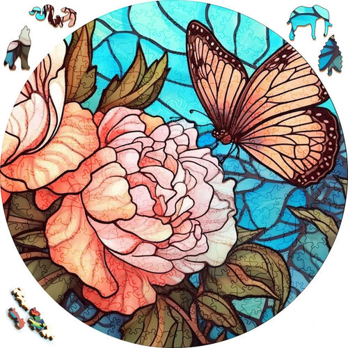 Puzzle 2D en Bois - Papillon et Hortensias
