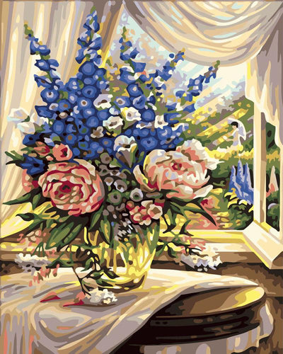 peinture par numéros | Fenêtre ouverte et bouquet fleuri | fleurs nouveautés complexe | FiguredArt
