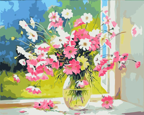 peinture par numéros | Vase de fleurs roses et blanches | fleurs nouveautés intermédiaire | FiguredArt