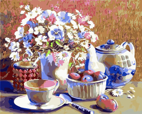 peinture par numéros | Set de thé et fleurs | fleurs nouveautés complexe | FiguredArt