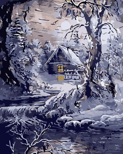 peinture par numéros | Maison et rivière en hiver | paysages hiver nouveautés complexe | FiguredArt