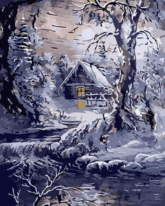 peinture par numéros | Maison et rivière en hiver | paysages hiver nouveautés complexe | FiguredArt