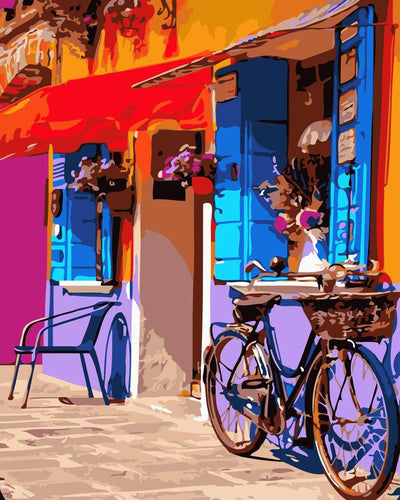 peinture par numéros | Vélo au bord du café | ville nouveautés intermédiaire | FiguredArt
