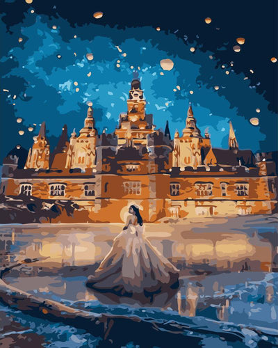 peinture par numéros | Femme en Robe et Grand bâtiment | romantique ville nouveautés complexe | FiguredArt