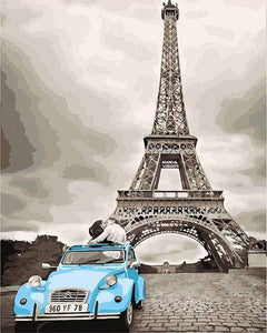 peinture par numéros | Deux Chevaux bleue et Tour Eiffel | intermédiaire ville | FiguredArt