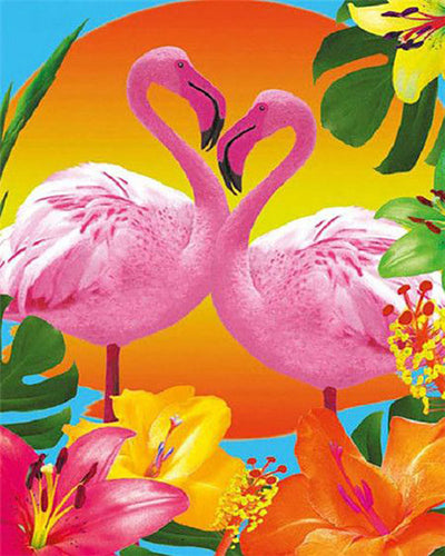 Peinture par numéros - Duo de Flamants roses et Fleurs