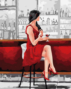 Peinture par numéros - Femme en rouge et verre de Vin