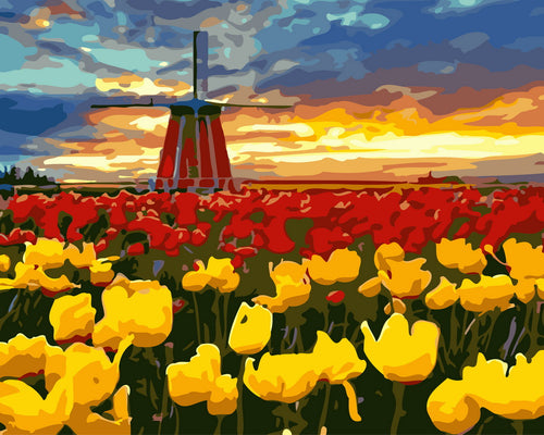 Moulin et Tulipes Rouges et Jaunes