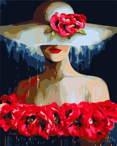 Peinture par numéros - Femme au chapeau et Fleurs