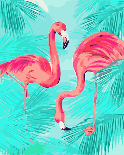 Peinture par numéros - Duo de Flamants roses et Feuillage