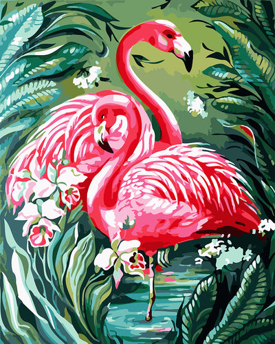 Peinture par numéros - Jolis Flamants roses et Feuillage
